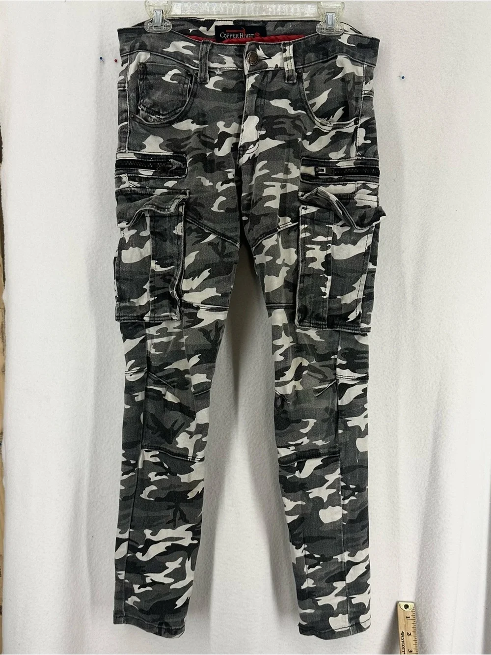 Copper Rivet Camo Cargo Skinny Jeans Mens Small Gray Stretch Zip Pocket Pants